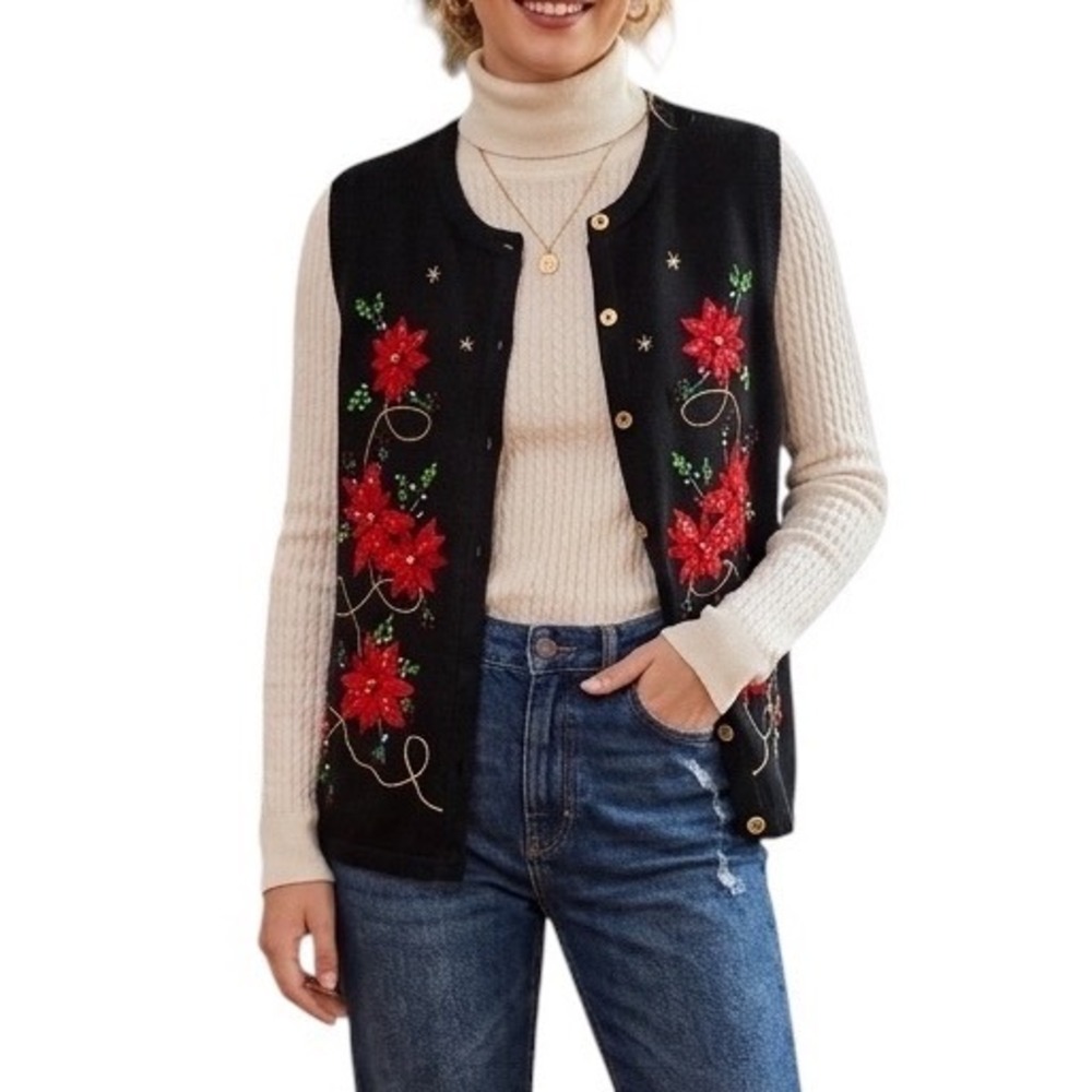 Kim Rogers Womens Poinsettia Embroidered Ugly Christmas Sweater Vest Medium